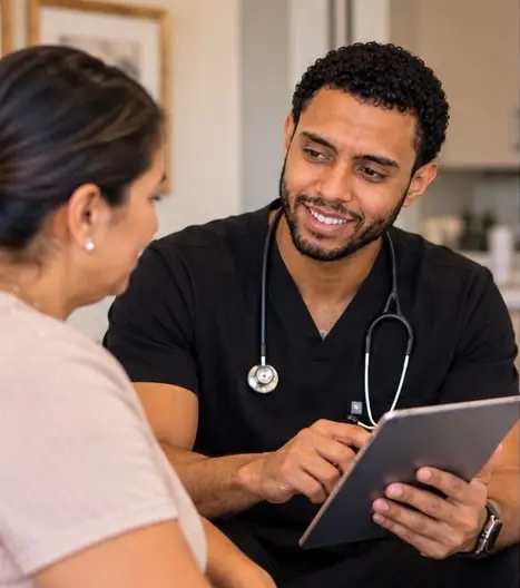 Carlos reviewing results with a patient on a tablet