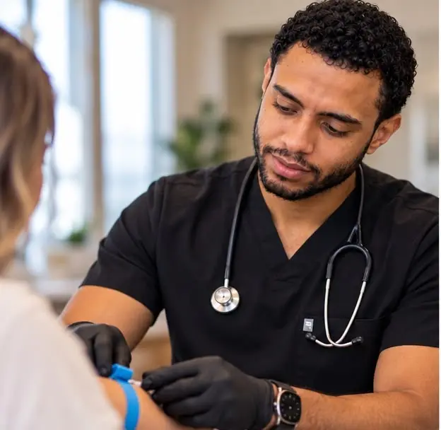 Carlos preparing a patient for a blood draw