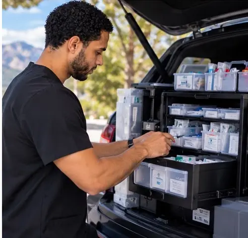 Carlos restocking his mobile medical supplies