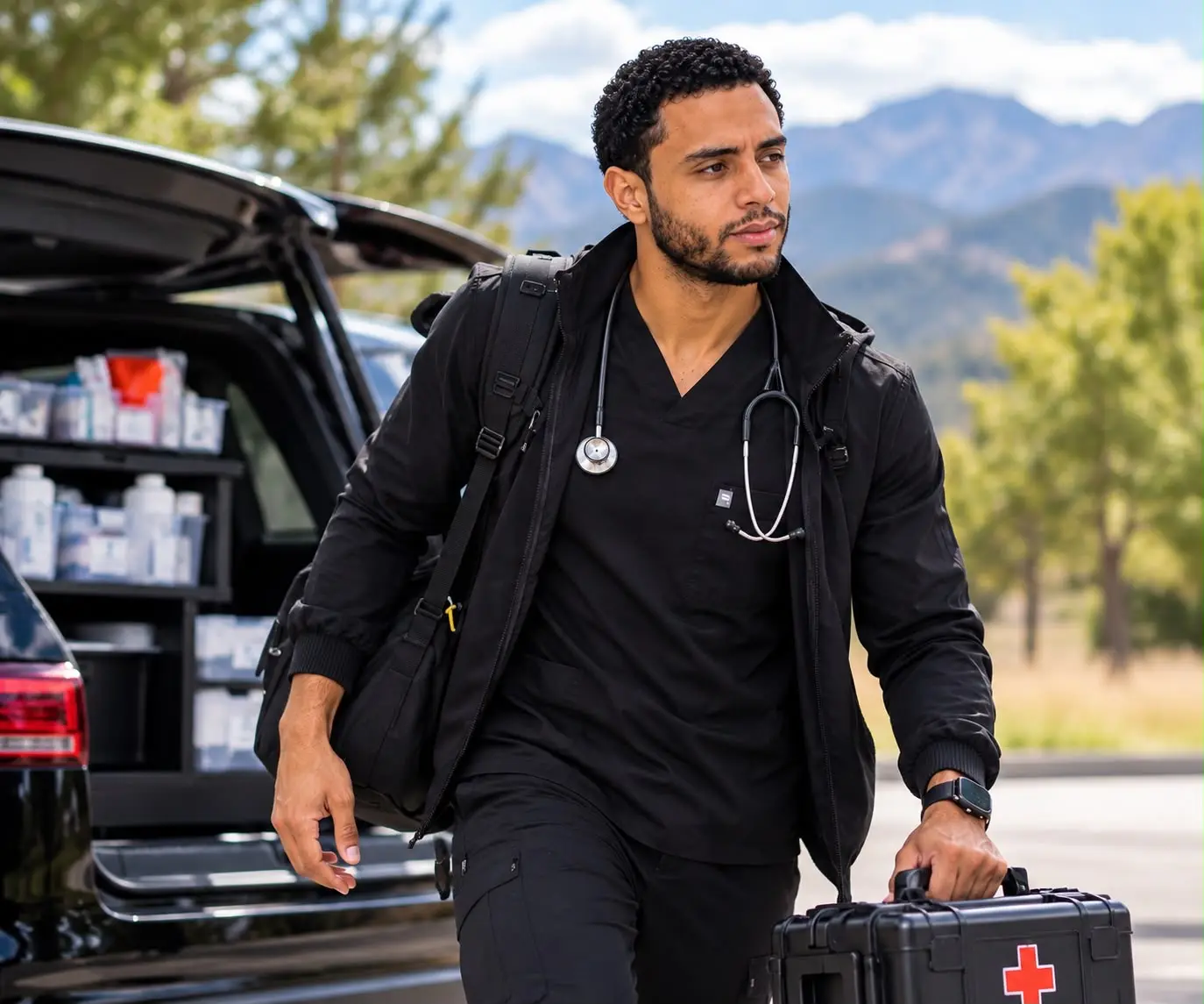 Carlos arriving for a home visit